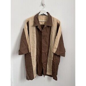 Lorenzino Shirt Mens XXL Brown Tan Color block Linen Button Up Vintage *flaw